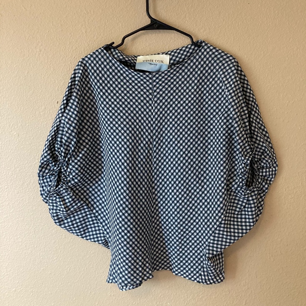 Trish Cox Navy & White Gingham Blouse with Ruched Sleeves